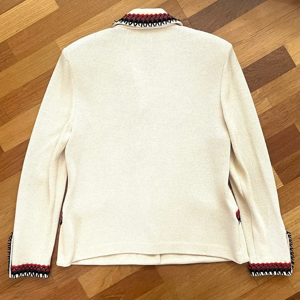 ST JOHN COLLECTION Fringe Jacket Coat SIZE 8 Ivory Red Cardigan Santana Knits - Picture 7 of 9